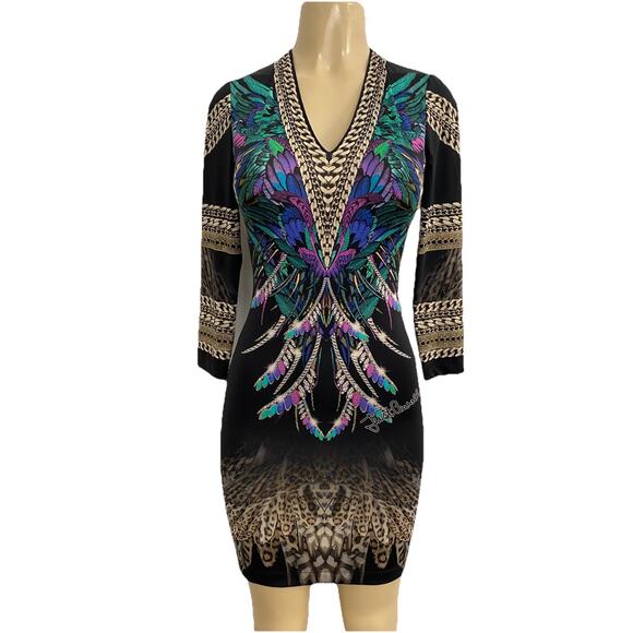 Just Cavalli Dress V Neck Sheath Mini Feather Jewel Print 3/4 Sleeve Black 38 S - Picture 1 of 10